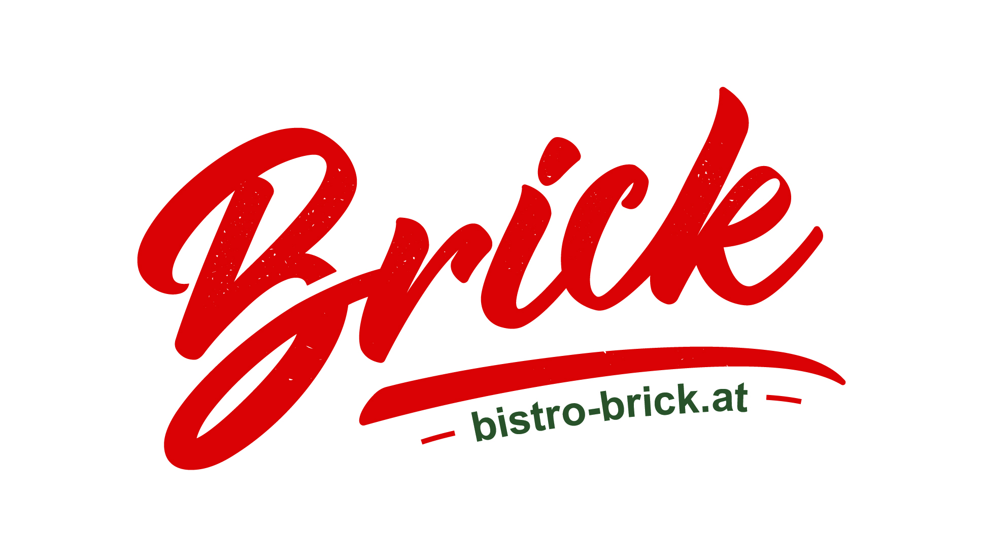 Die Grafik zeigt das Logo von "Brick", gestaltet in auffälliger roter Schrift mit einem stilisierten Schwung. Darunter ist die Website "bistro-brick.at" angegeben. Das Design ist schlicht und modern.